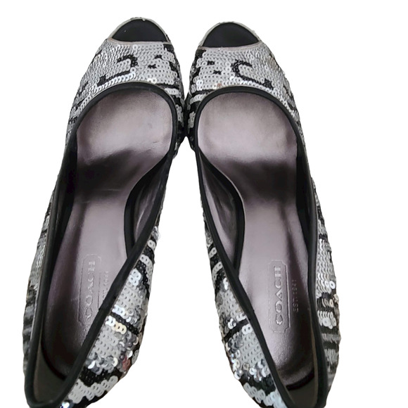 COACH Ashley Sequined Animal Print Open‎ Toe Platform Pumps Women's Size 7.5B - Picture 9 of 14